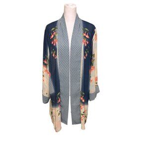 Multiples Blue Floral Kimono Duster Cardigan